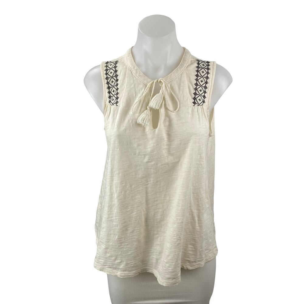 Old Navy Women's Ivory Embroidered Tassel Tie Neck Keyhole Sleeveless Tank Top S